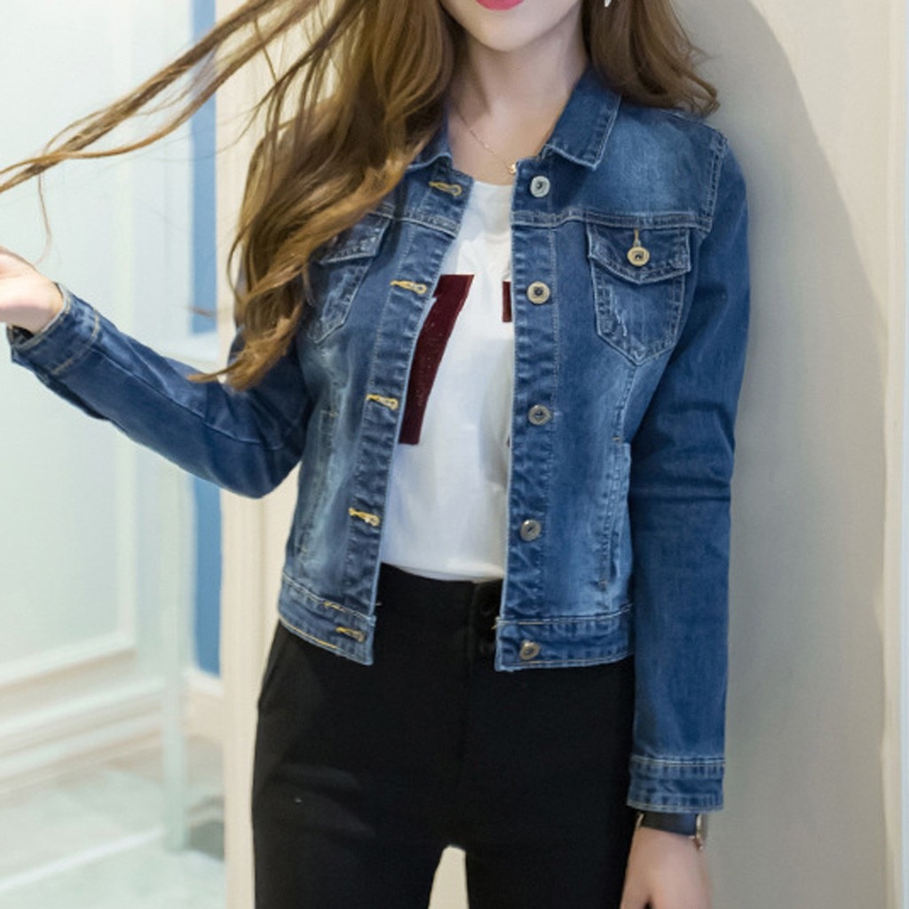 Short Denim Autumn Winter Jackets Women White Wash Long Sleeve Vintage Casual Jean Jacket Bomber Denim Coat Tattered#3