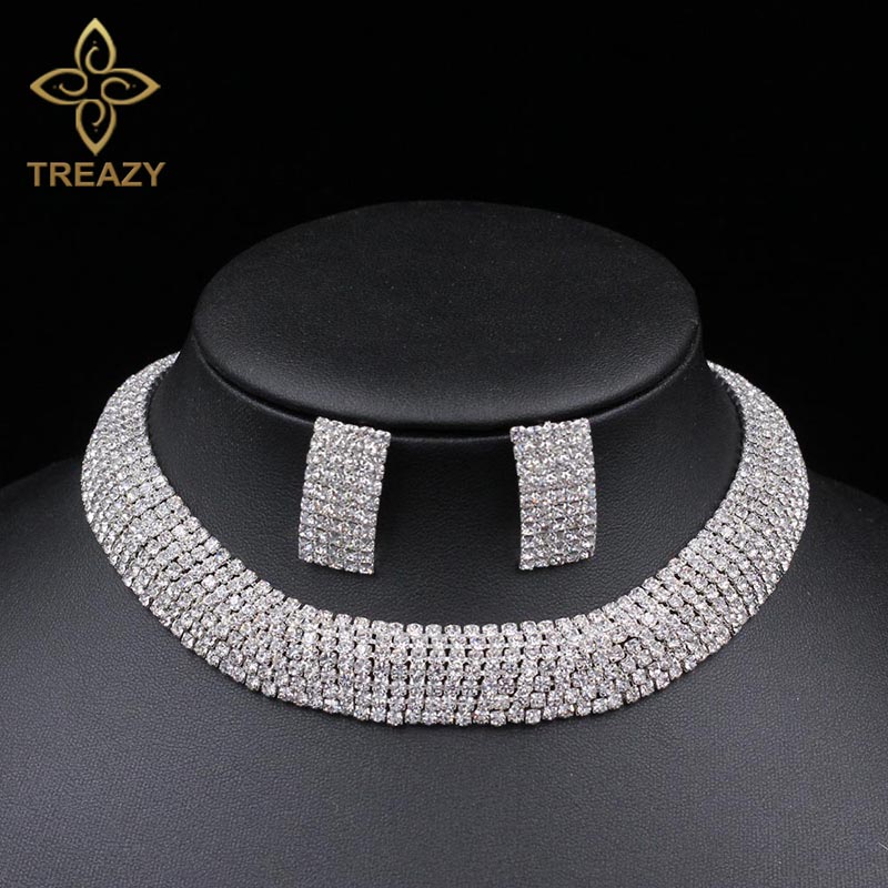 TREAZY Bridal Crystal Jewelry Set Silver Plated Diamante Rhinestone Choker Necklace Earrings Set for Women Wedding Prom