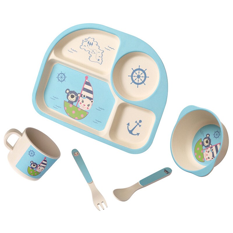 Cubertería de cuatro platos para niños de fibra de bambú, cubertería portátil con dibujos bonitos para bebé, tenedor, vajilla para bebé: D