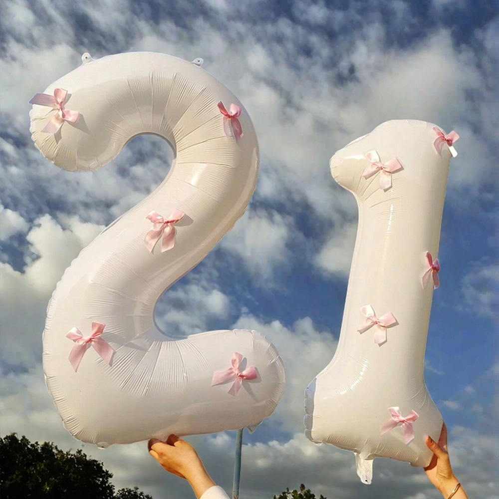 40 inch roze strik decor witte nummer ballonnen, 0-9 witte nummer ballonnen met roze strik decor, geschikt voor verjaardagsfeestje, jubileum