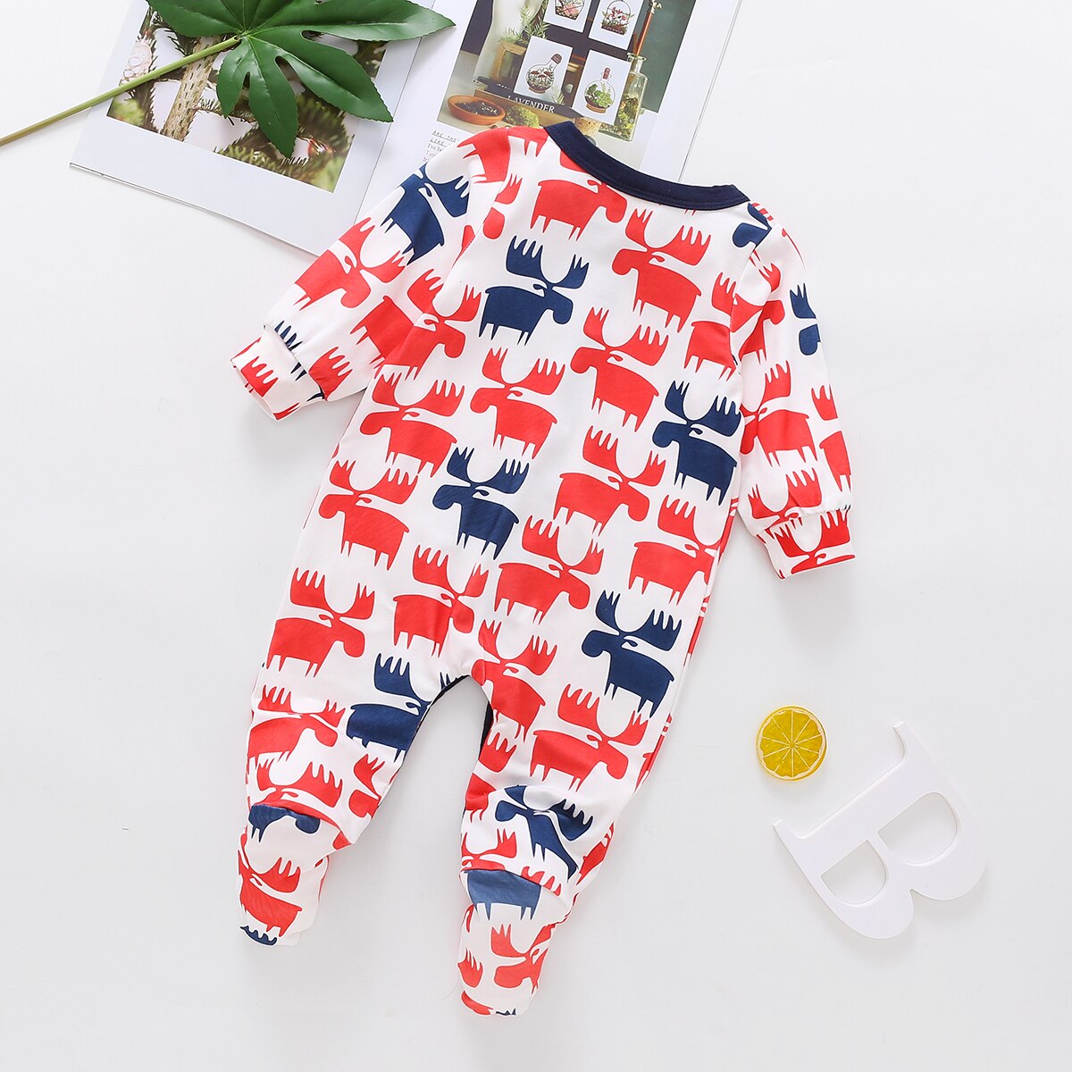 Pasgeboren Jongen Lange Mouw Romper Kerst Elanden Gedrukt Wrap Voet Knop Crew Hals Speelpakje Casual Eenvoudige Stijl Jumpsuit 0-18Months