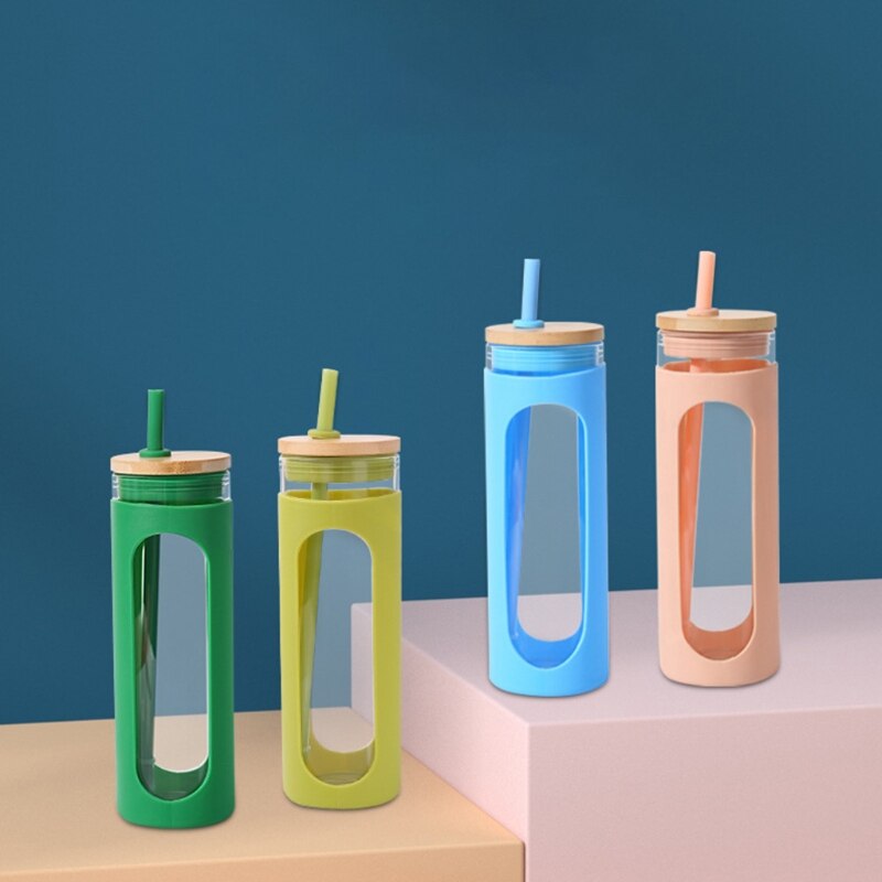 Glass Water Bottles With Straw -24oz- Water Bottle Phone Holder For Gym Sports Water Bottles With Silicone Sleeve Glass Drinking Bottles 2 Lids