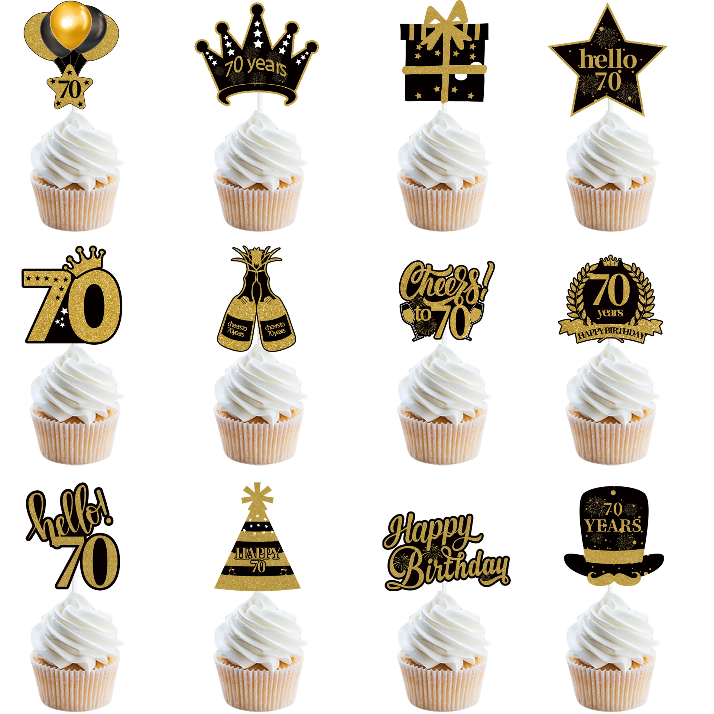 30 40 50 60 Years Old Cupcake Toppers Black Gold Cake Picks Adult Birthday Anniversary 30th 40th 50th 60th Birthday Cake Decor: light yellow