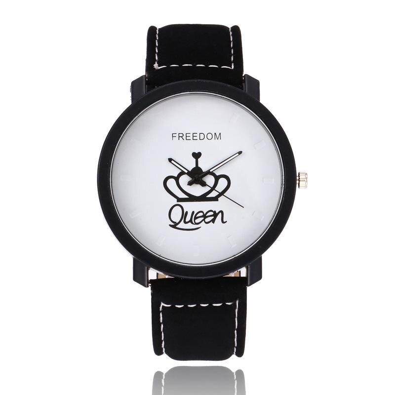 Relogio Koppels Horloge Koning & Koningin Lederen Quartz Horloge Heren Dames Mode Sport Klok mannen Horloges vrouwen horloges: Queen Black White