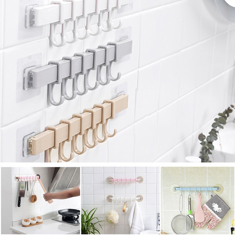 Seamless 6 Hook Hooks, Kitchen Wall Suction Plastic Hook, Bathroom Door Six Row Hook