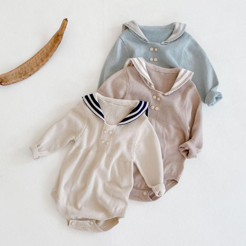 Herfst Baby Jongens Kleding Baby Meisje Gebreide Bodysuit Marine Kraag Baby Kleding Puur Katoen Lange Mouw Peuter Jumpsuit