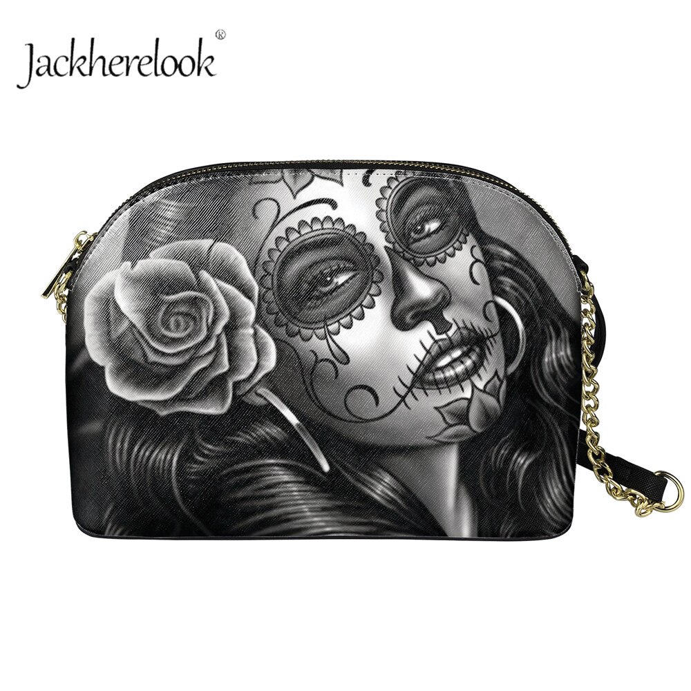 Jackherelook dames mini crossbody handtas met rits, gotisch schedelpatroon, pu leren dames outdoor schoudertas met kettingen