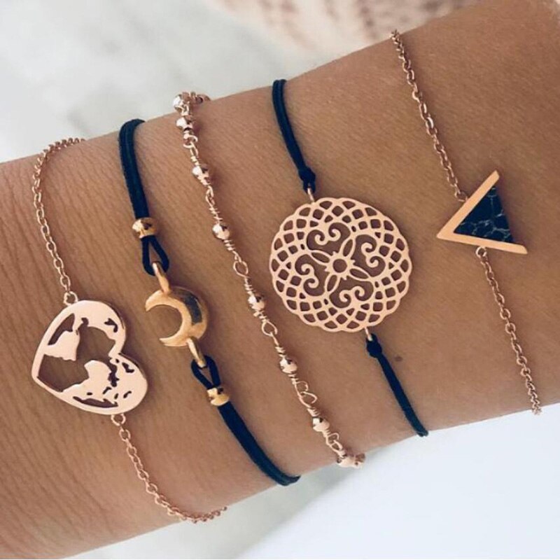 Conjunto de 4 pulseras esmaltadas con cabeza de ciervo para mujer, set de PULSERAS CON ABALORIOS de cabeza de ciervo, cadena de cadena con mapa de piedra negra, de joyería: 05