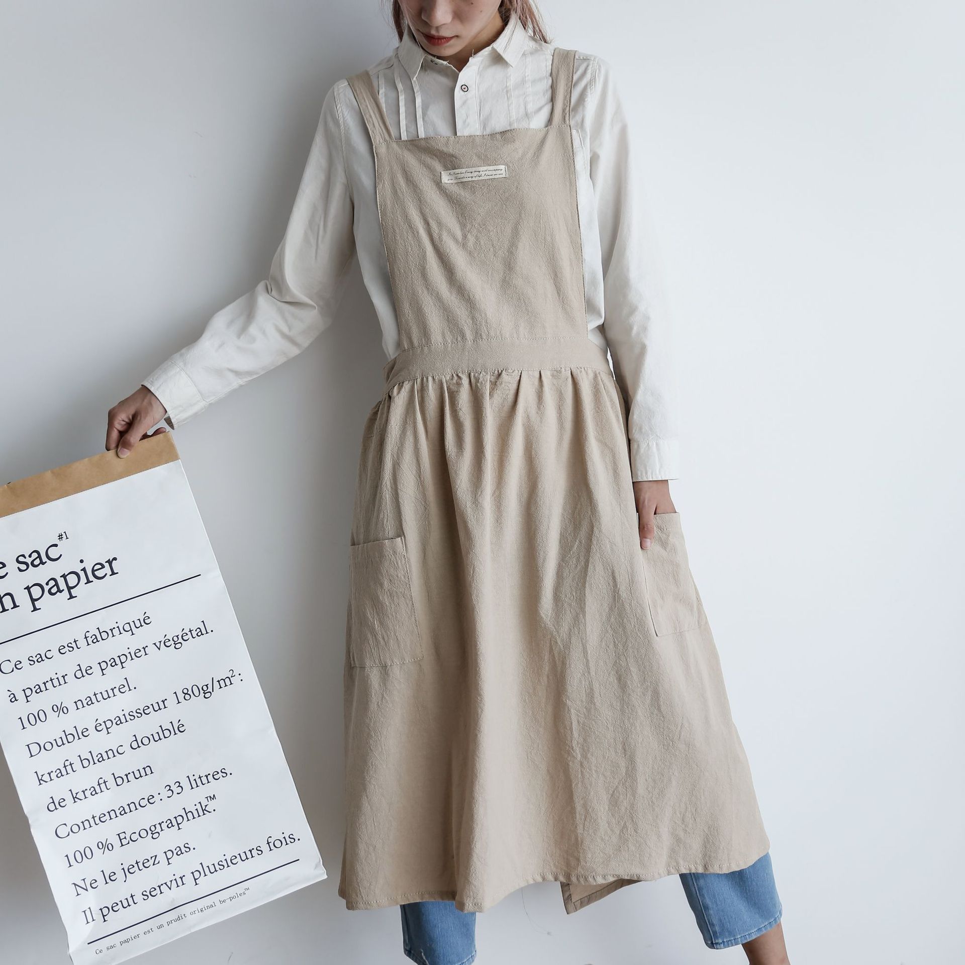 Verano algodón Simple de delantales de mujeres impermeable Antifouling hogar delantal cocina peluquería jardín: beige  B
