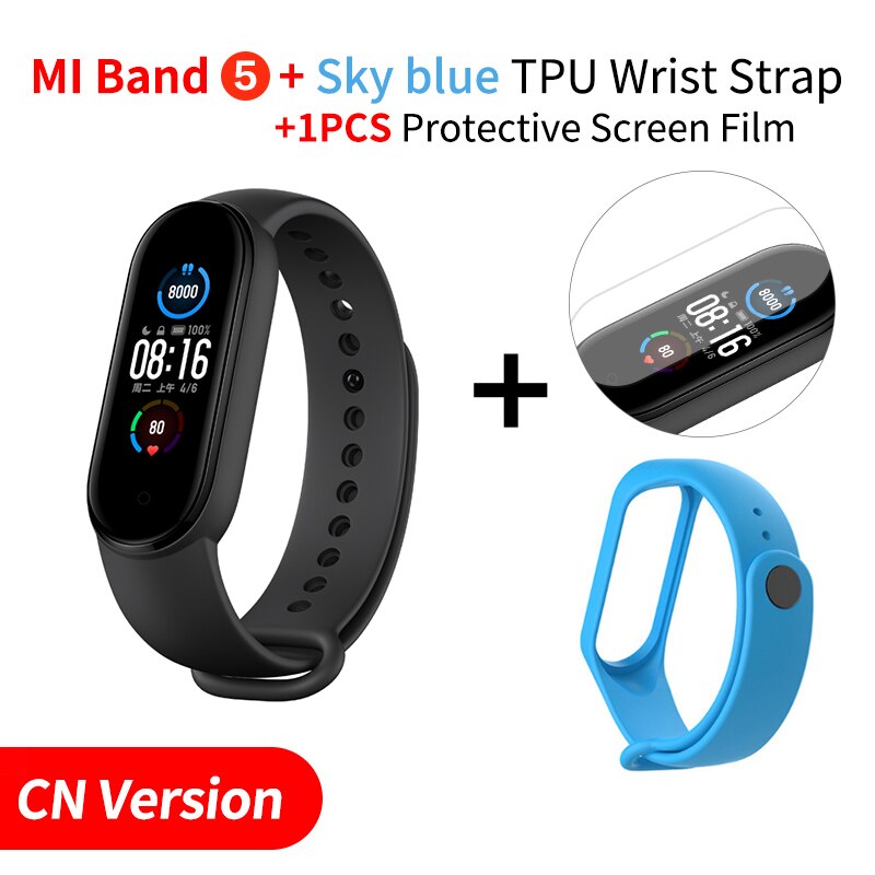 Xiaomi Mi Band 5 Smart Bracelet Sport cardiofrequenzimetro Fitness Tracker 1.1 "AMOLED schermo colorato Bluetooth 5.0 impermeabile Miband5: Add Sky blue Strap