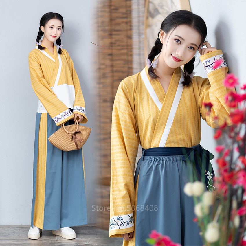 Japanese Style Kimono Dress for Women Retro Lace Up Haori Embroidery Yukata Top Wide Leg Pants Asian Dance Costume
