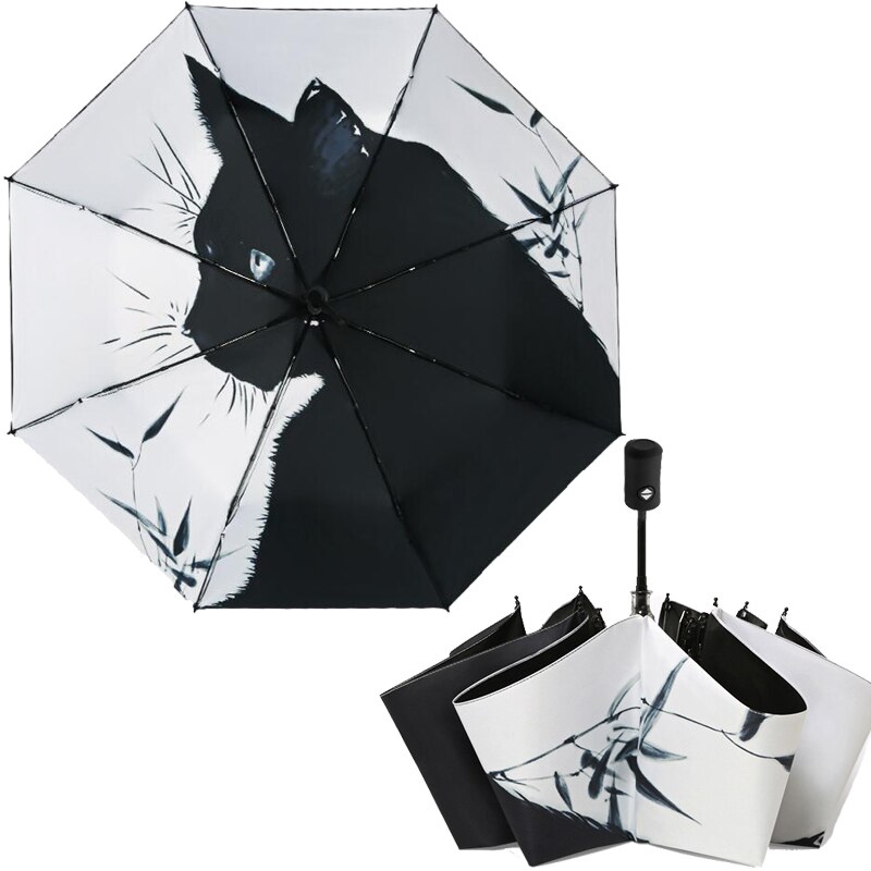 Automatic Umbrella Rain Women&#39;s Folding Umbrellas Cartoon Men Black Cat Sun Umbrella Kids for Child Windproof Anti-UV Parapluie