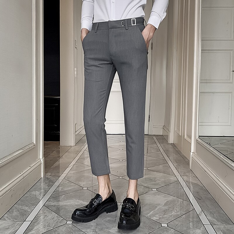 2020 primavera dos homens calças de vestido sólido tornozelo comprimento coreano magro ajuste calças dos homens formal todo o jogo streetwear terno calças escritório 34: Cinza / 31