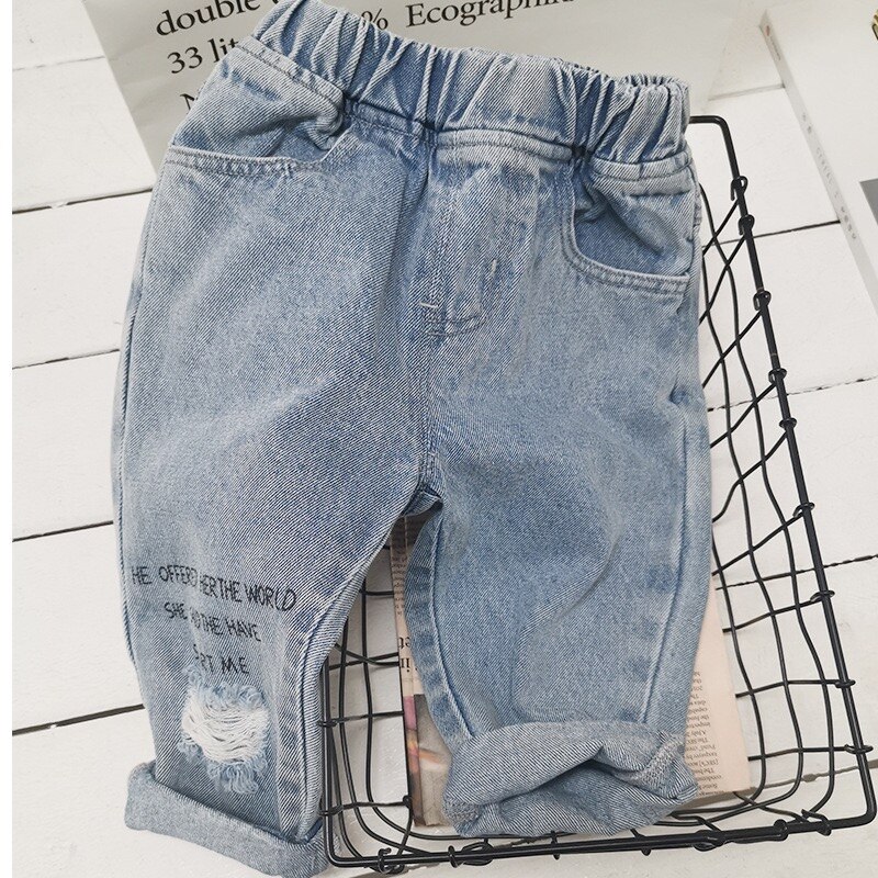 Children's Korean-style ripped jeans letter printed trousers spring and autumn boy pants street trend denim trousers
