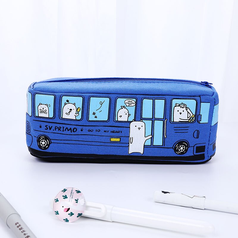 School Bus Cute school pen case fabric pencil bag etui a crayons cuir pencil pouch stifte tasche pencil case school bag pl 04972: Blue