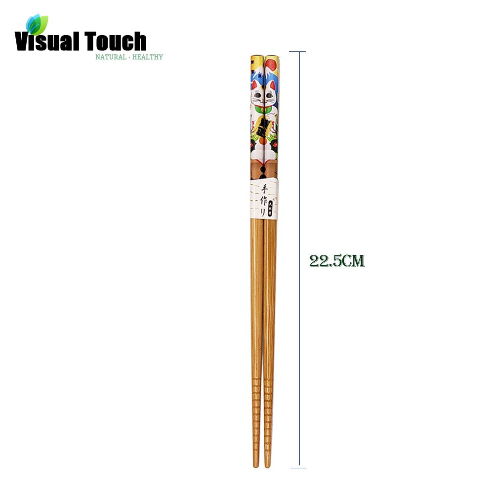 Visuell beröring 5 st set pack lucky cat bambu trä ätpinnar återanvändbara servis middag japansk ätpinne sushi matpinnar