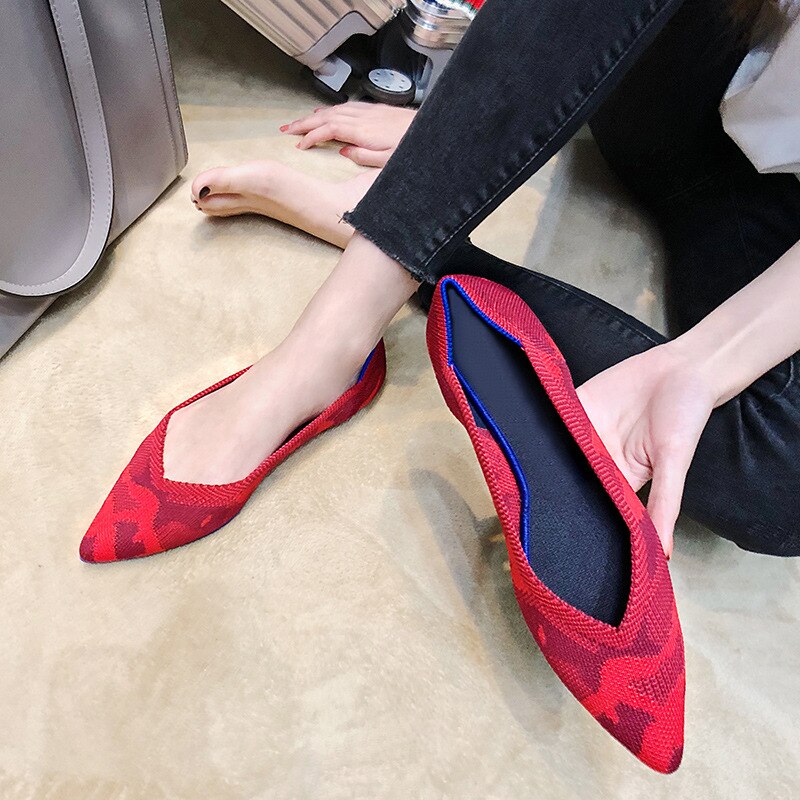 Beroemde Casual Boot Schoenen Vrouw Puntschoen Sapatos Stretch Breien Ballerina Flats Schoenen Lente Plus Size Roll-Up ballet