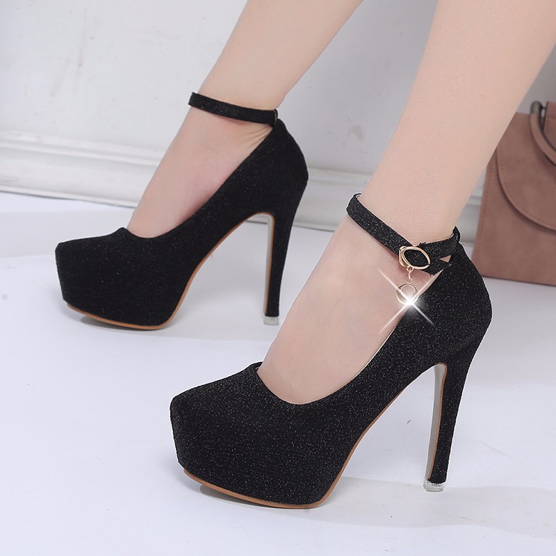 Bryllupssko kvinder høje hæle brude sko platform pumps super høj hæl 12cm sort sølv  yx2177