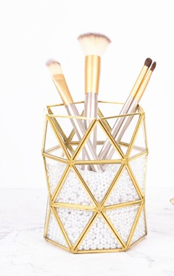 Antique Spacious Mirror Glass Cosmetic Storage Cube Set with 3 Tier Dustproof Drawers Vanity Tray/Gold Metal Makeup Storage: Medium brush holder