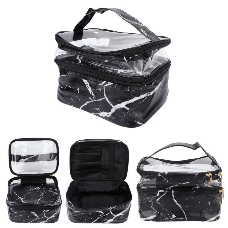 Makeup Bag Double Layer Cosmetic Bag Large Capacity Transparent Zipper Opening Method Double Layer with Sturdy Carry for Travel