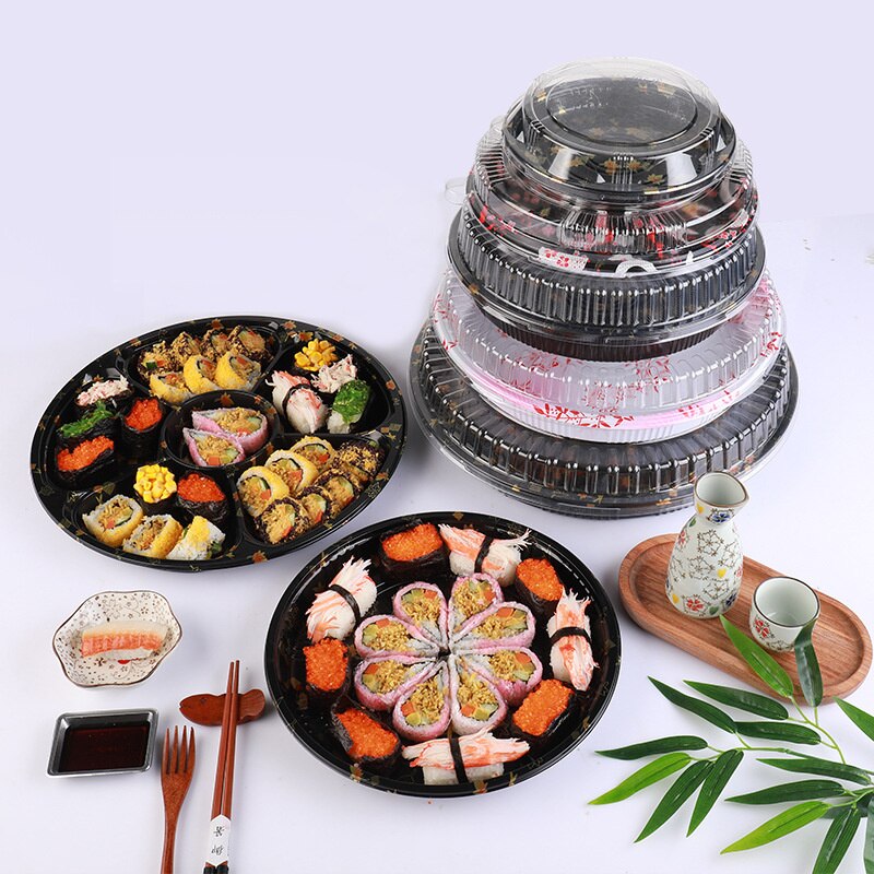 30Stck Runde Sushi Container Bento Sushi Verpackung Kasten Kunststoff Kasten Restaurant Sushi Zubehör Sashimi Platte mit Abdeckung