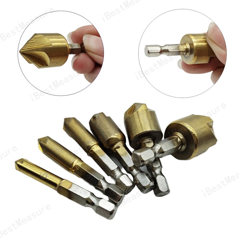 6 Pcs Verzinkboor Boor Set 1/4 &#39;&#39;Hex Shank Hss 5 Fluit Verzinkboor 90 Graden Hout Afkanten Cutter Afschuining 6Mm-19Mm