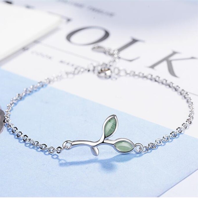 Creatieve Temperament Opal Literaire Bladeren 925 Sterling Zilveren Sieraden Green Crystal Leaf Armbanden SB113