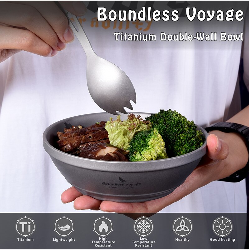 Viagem sem limites ao ar livre titânio dupla-parede 300ml tigela acampamento caminhadas ultraleve utensílios de cozinha portátil ti1082t