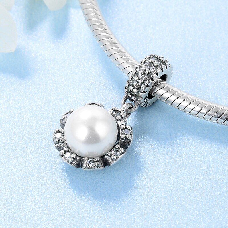 Authentic 100% 925 Sterling Silver Shell Pearl CZ Fine Pendants Fit Original europeu Charm Bracelet Jewelry making