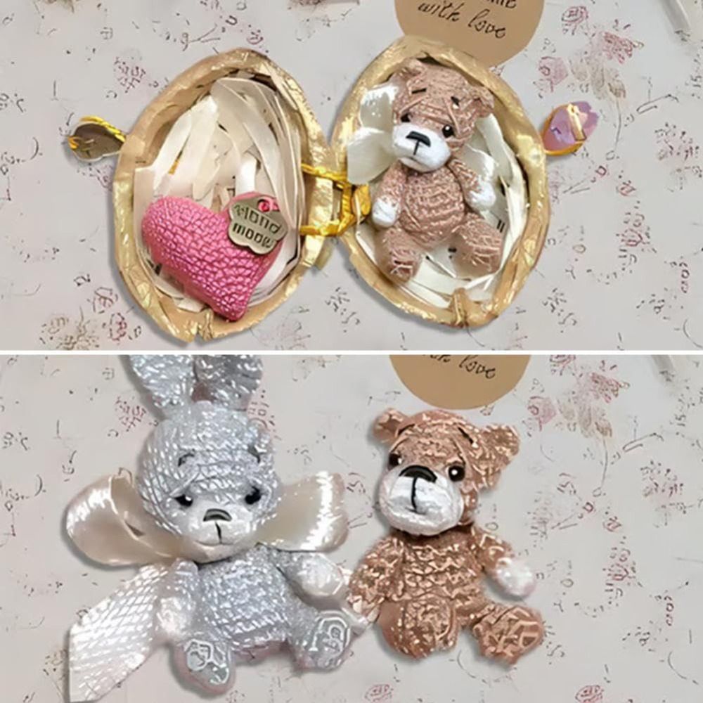 Handwoven Animal in Walnut Shell Positive Bunny Emotional Support Crochet Rabbit and Bear with Knitted Handmade Crochet