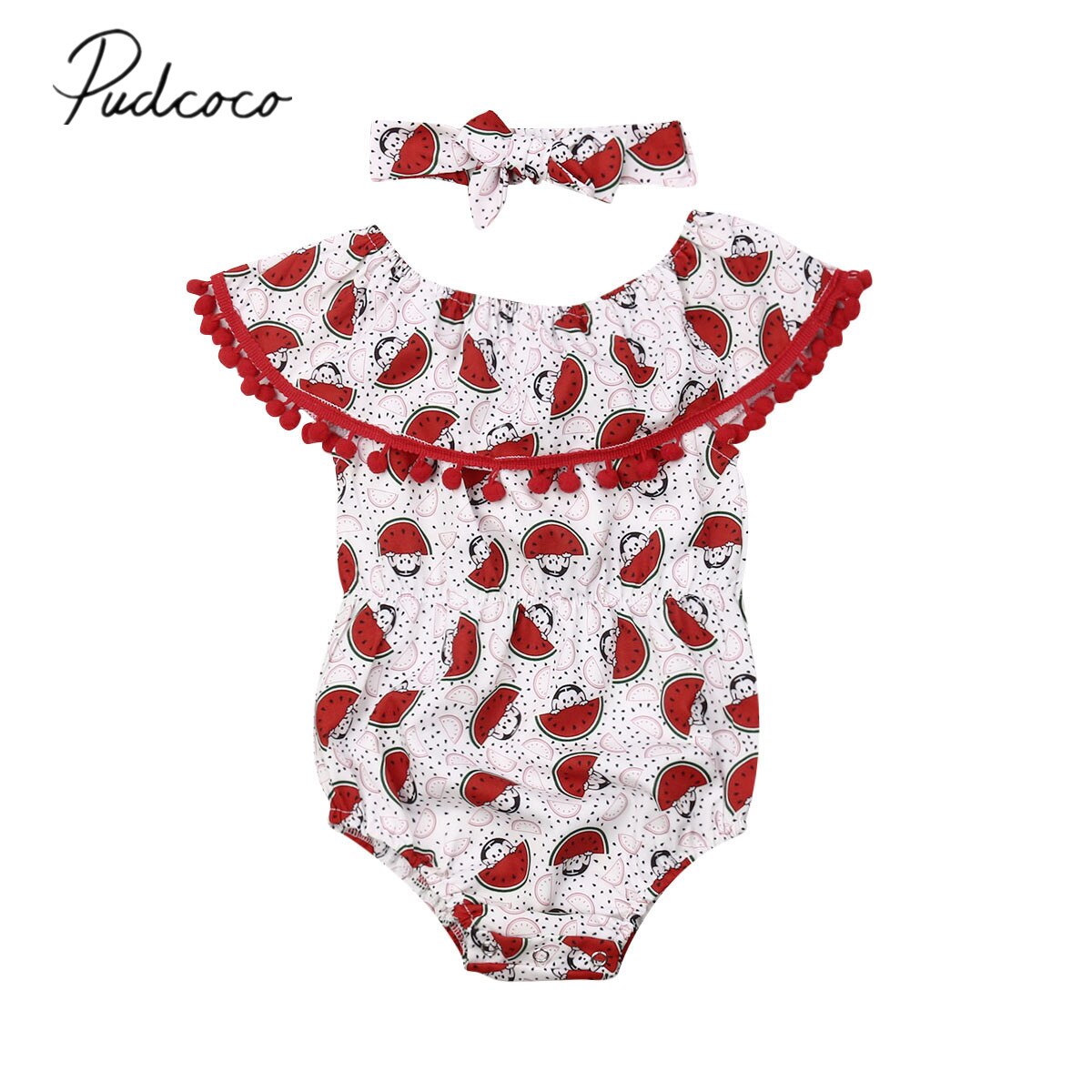 Bebis sommarkläder småbarn bebis flicka vattenmelon bodysuits kläder tofs jumpsuits pannband 2 st outfit soldräkt 0-3t