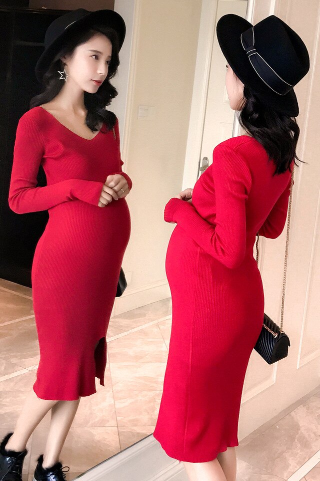 Maternity Dress Autumn Winter Pregnant Women Striped Wild Pullover Sweater Knee-length Shirt Body-con Knitted Dresses Women: Red / L