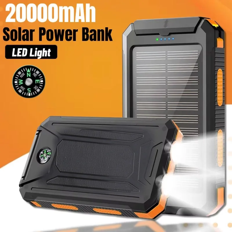 30000 mah solcelledrevet powerbank med hurtiglading, bærbar kilde med ledet-lys, strømforsyning med stor kapasitet, kompatibel med ios og android, usb-a og usb-c.