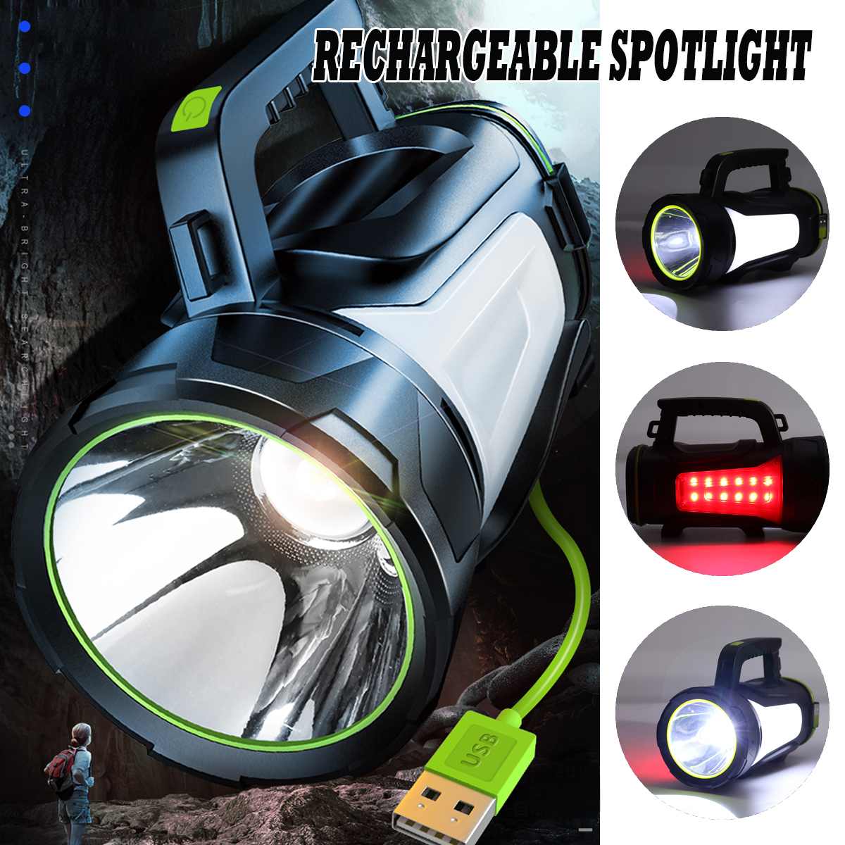 Foco portátil de mano de 200/300/500W, reflector LED recargable con USB incorporado, linterna, foco impermeable