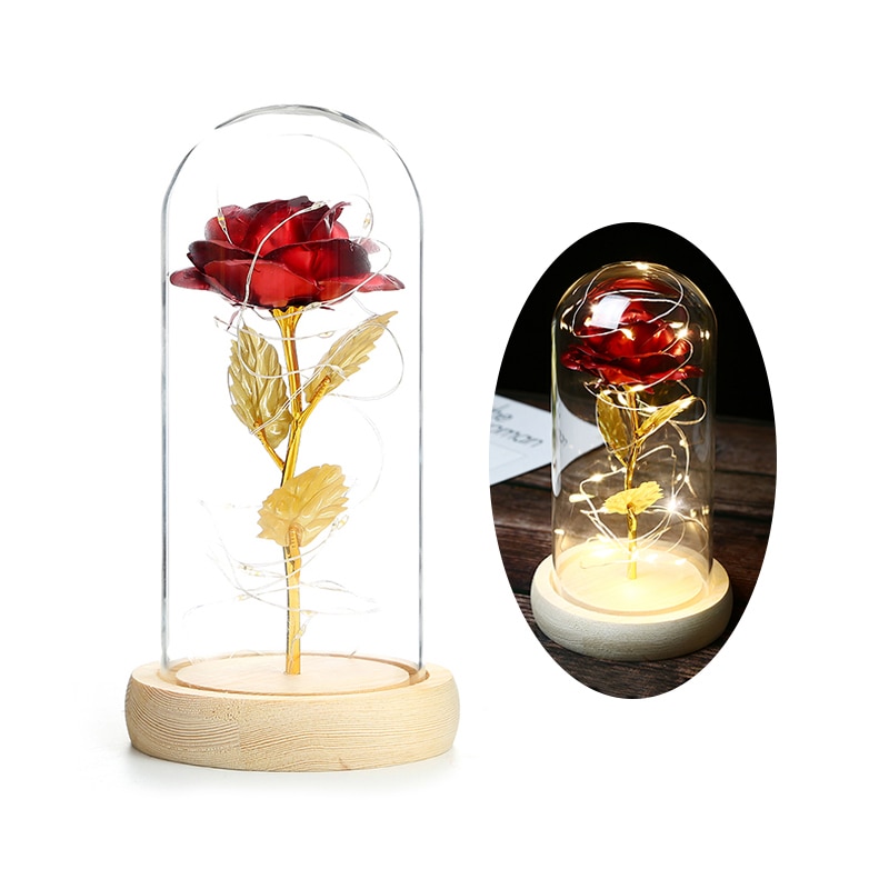 Skønhed og udyr rose i kolbe led rose blomst lys sort base glas kuppel bedst til mors dag fødselsdag valentinsdag: Stil 02