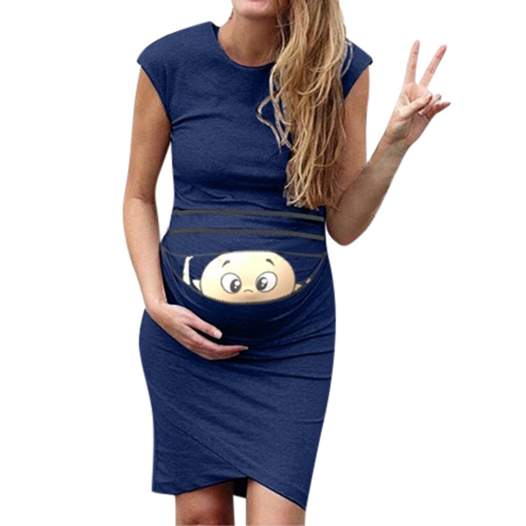 clothes for pregnant women Print Pregnant Maternity Dress Maternity Props Bodycon Casual Mini pregnant dress: Navy / S