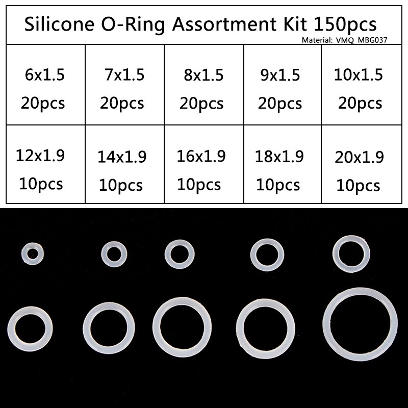 Silicone VMQ Blanc Joints toriques OD 6mm-20mm CS 1.5mm 1.9mm Durable JOINTS TORIQUES Assortiment Kit 10 Tailles 150 Pièces/ensemble BG037