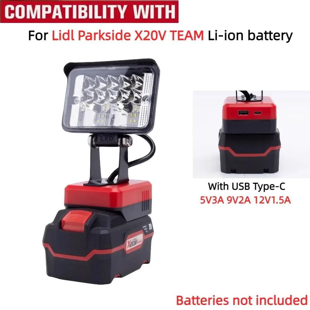 Luz de trabajo LED portátil para Lidl Parkside X20V TEAM Lámpara de camping alimentada por batería con puerto de carga USB tipo C (sin batería)