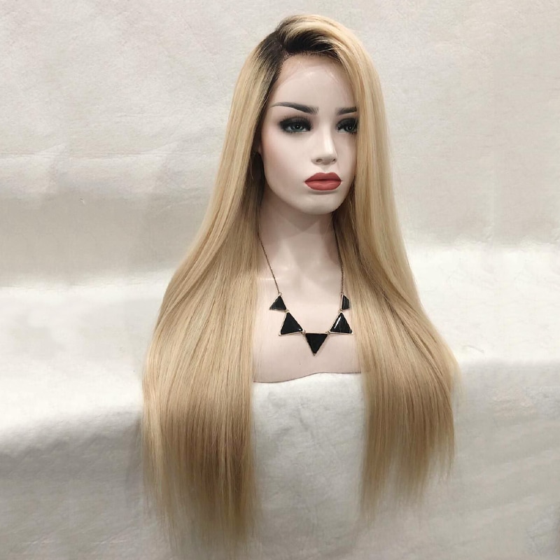 Peluca de pelo largo liso carisma Rubio degradado, peluca sintética con malla frontal, con raíces negras, malla con división lateral, peluca con malla frontal s para mujer