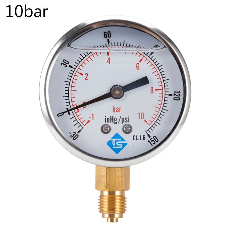 Compound Pressure Vacuum Gauge Glycerine Filled -1/10Bar & -30*Hg 1/4 BSP Bottom: -1-10bar