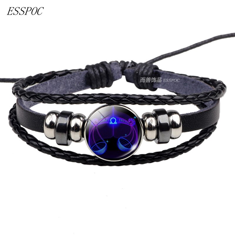 12 stjernebilleder sort reb flettet læder armbånd stjernetegn armbånd cancer leo jomfru libra scorpio til mænd kvinder: Libra