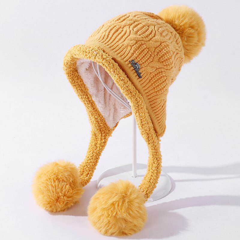 Bonnet épais et en polaire pour femme, bonnet tricoté, avec trois pompons, pour le Ski, idéal pour l'hiver, HT3797: YELLOW