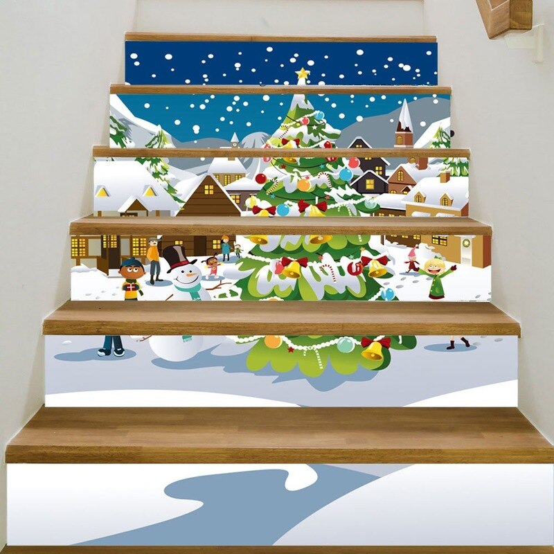 6 Stuks/SetSLT035 Cartoon Kerstboom Sneeuw View 3D Trap Waterdichte Stap Decoratie Muur Plakken Home