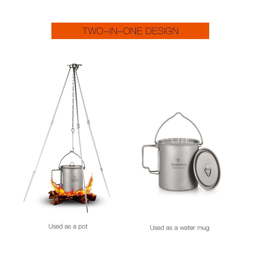 TOMSHOO Ultraleve 750 ml De Água De Titânio Titânio Pote Portátil Copo Caneca com Tampa e Alça Dobrável Ao Ar Livre de Acampamento Cozinhar