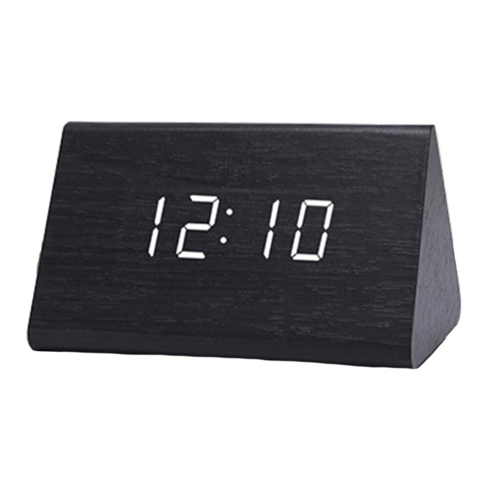 Moderne trekantet led træ vækkeur klassisk digital lydkontrol skrivebord ur termometer (sort træ og hvidt lys): Sort