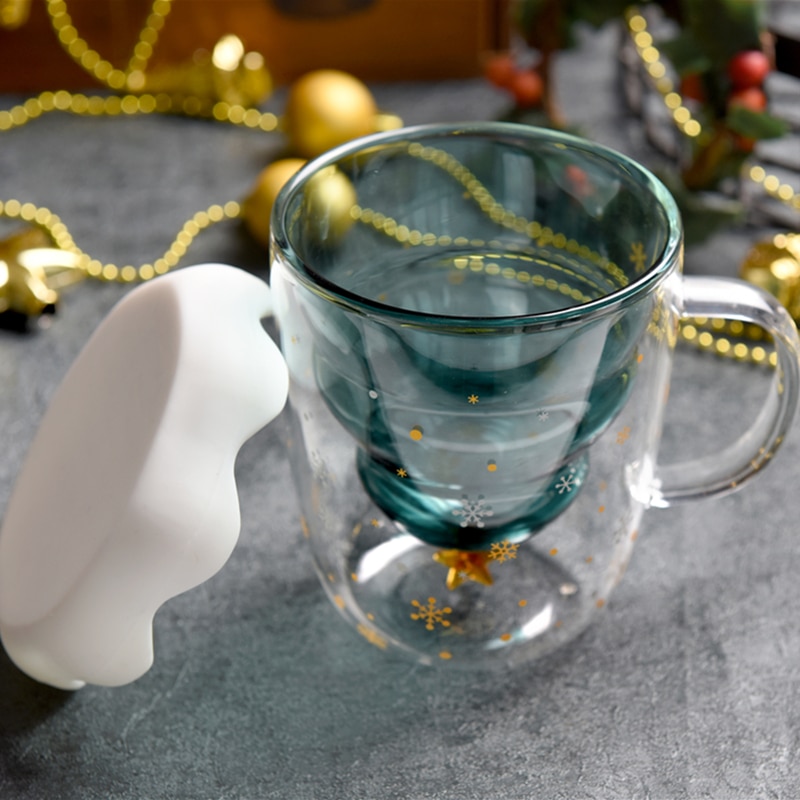 300 ML Kreative Weihnachten Baum Glas Tasse Wärme-beständig Doppel Zauberstab Glas Tasse Kaffee Becher mit Deckel Nette Weihnachten für Mädchen