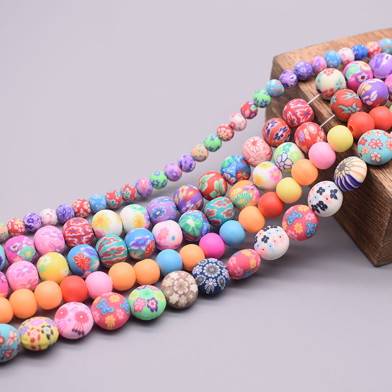 Cuentas de arcilla polimérica de 6/8/10mm, cuentas con estampado de flores, cuentas redondas sueltas para hacer joyería, pulsera DIY