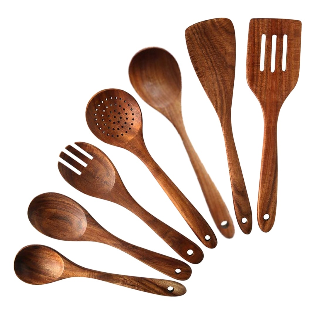 7 stk teak træ køkkenredskaber non-stick skeer og spatel køkkengrej til hjem og køkken