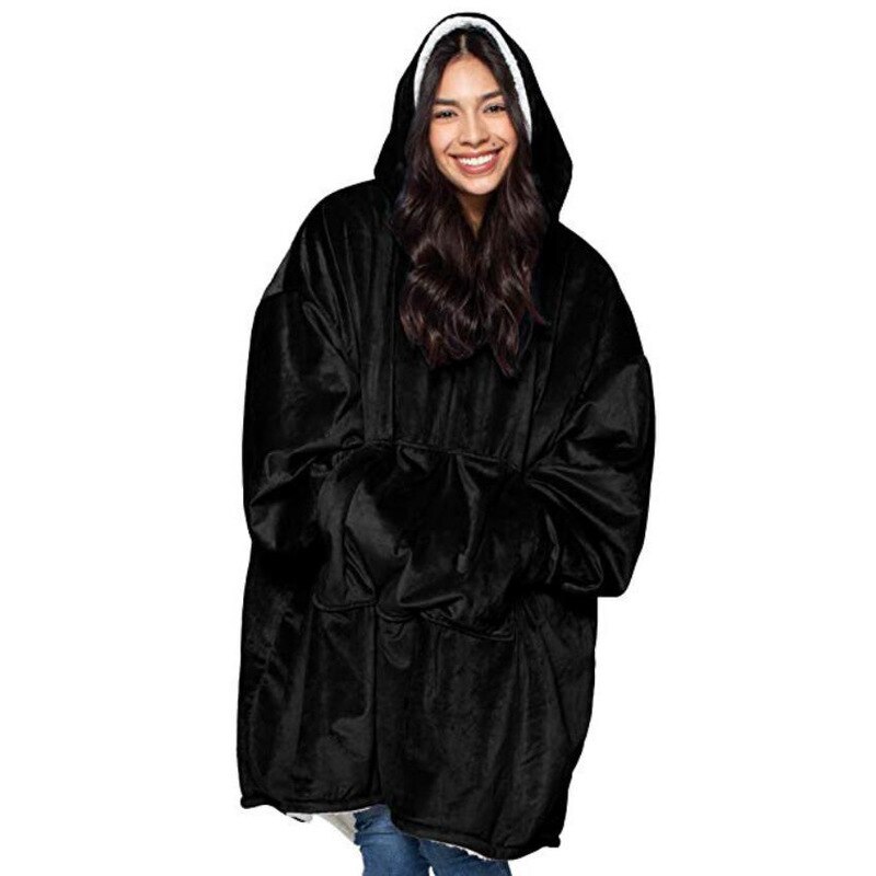 Fleece tæppe med ærmer udendørs hætte lommetæpper varm blød hættetrøje skrå morgenkåbe badekåbe sweatshirt pullover