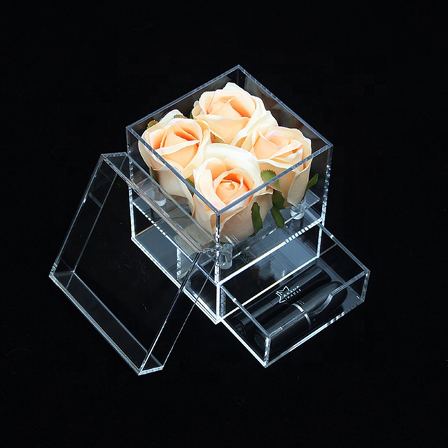 Acrylic Rose Flower Box Makeup Organizer Artificial Flower Bouquet Valentine's Day Wedding Decor Box: 4 Holes Drawer Box